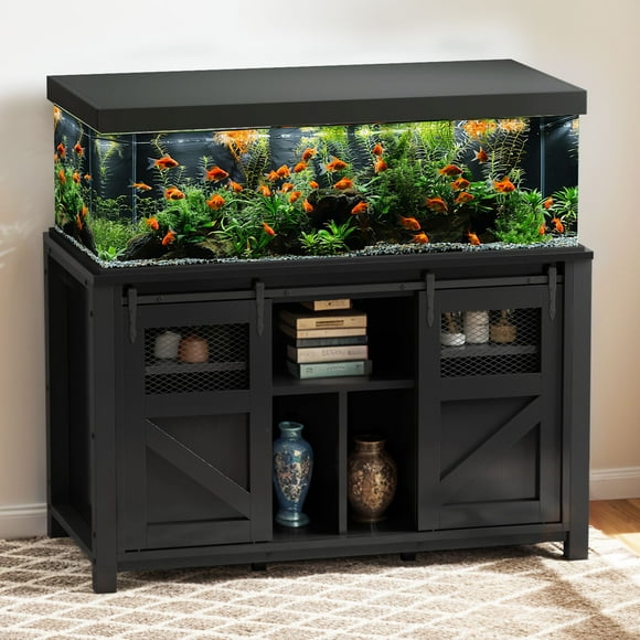 Uforic 120 gal Fish Tank Metal Stand with Storage, 1100 lbs Capacity, Power Outlets, Barn Door, Black