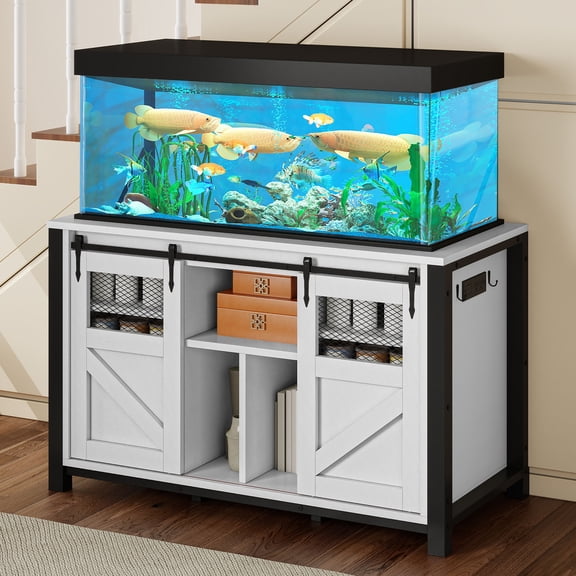 Uforic 120 Gal Fish Tank Stand with Storage, 1100 Lbs Capacity, Power Outlets, Barn Door, White
