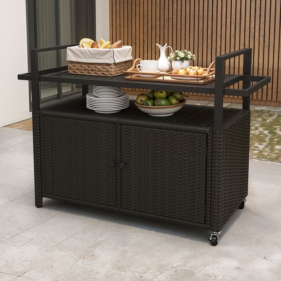 Uforic Outdoor Kitchen Island Cabinet, Rolling Glass Top Bar Cart with Storage Wheels, Mobile Buffet Sideboard for Backyard Poolside, Black