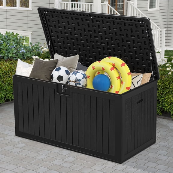 Uforic 150 Gallon Black Outdoor Deck Storage Box, Double-Wall Weatherproof Resin Container, Lockable Design with Side Handles for Patio, Backyard & Pool Storage