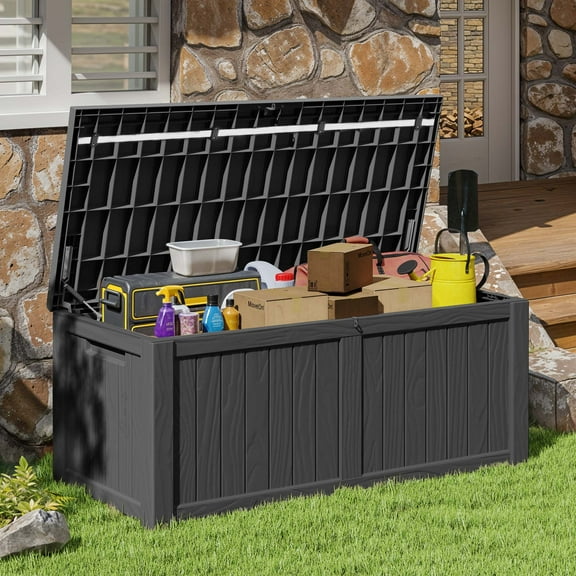 Uforic 120 Gallon Large Resin Deck Box, Outdoor Storage Box, Patio Big Container Box, Waterproof, Lockable, Dark Grey