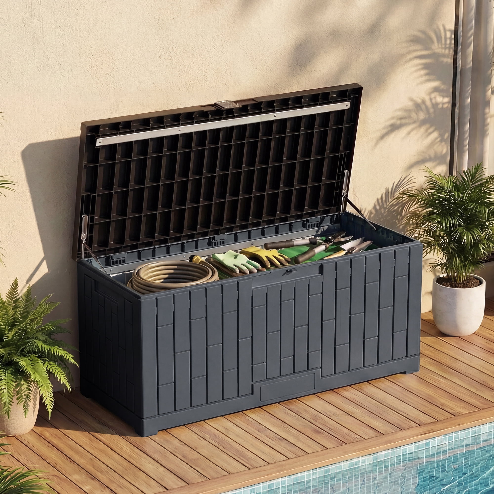 Uforic 120 Gallon Outdoor Storage Box, Waterproof Resin Deck Box with Slide-Locking Lid, Multi-Use Patio Bench for Cushions, Garden Tools & Pool Supplies, Weather Resistant, Easy Assembly, Dark Gray