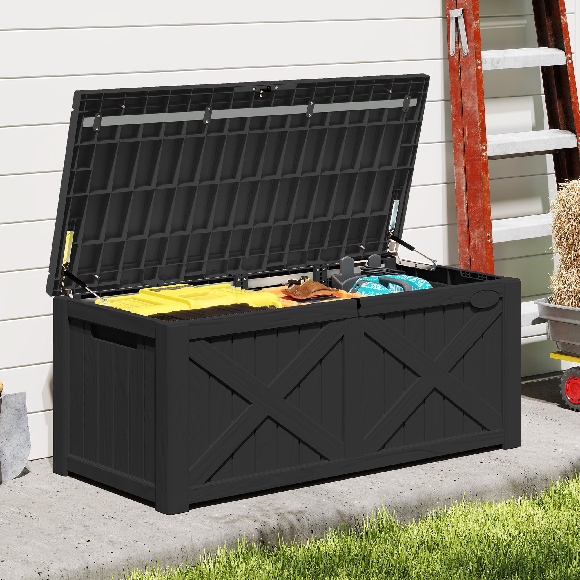 Uforic 120 Gallon Outdoor Waterproof Resin Deck Box, Weatherproof Storage Bench with 660 lbs Capacity, Black