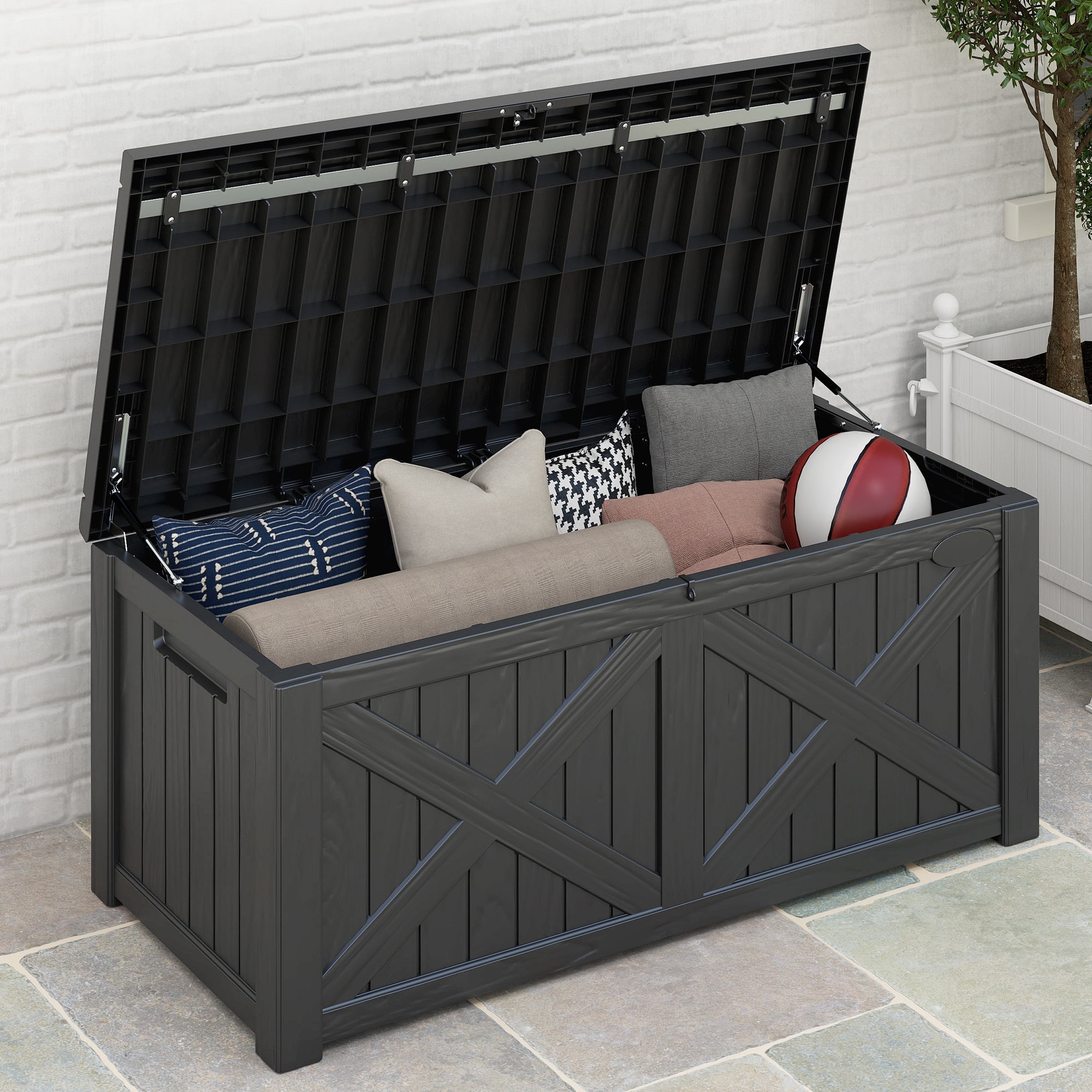 Uforic 120 Gallon Outdoor Waterproof Resin Deck Box, Weatherproof Storage Bench with 660 lbs Capacity, Dark Gray