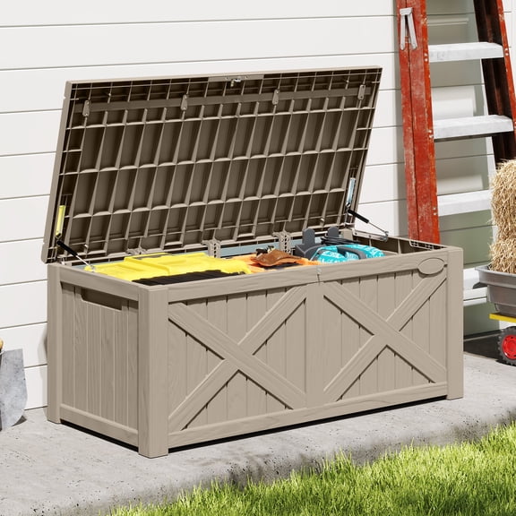 Uforic 120 Gallon Outdoor Waterproof Resin Deck Box, Weatherproof Storage Bench with 660 lbs Capacity, Light Brown