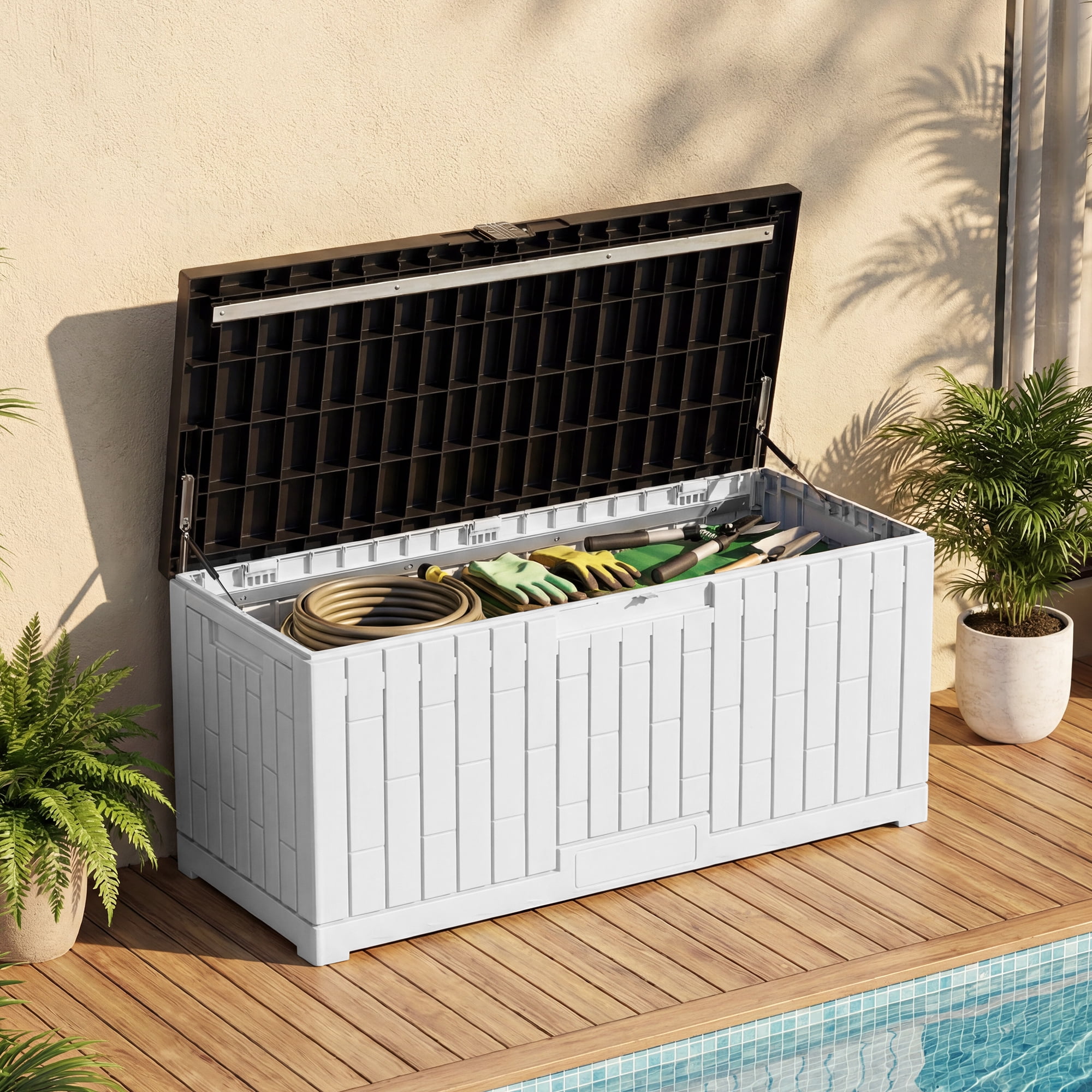 Dextrus 120 Gallon Weatherproof Resin Outdoor Storage Box, Slide Lock Patio Deck Bench for Garden Pool Yard, Easy Assembly, White