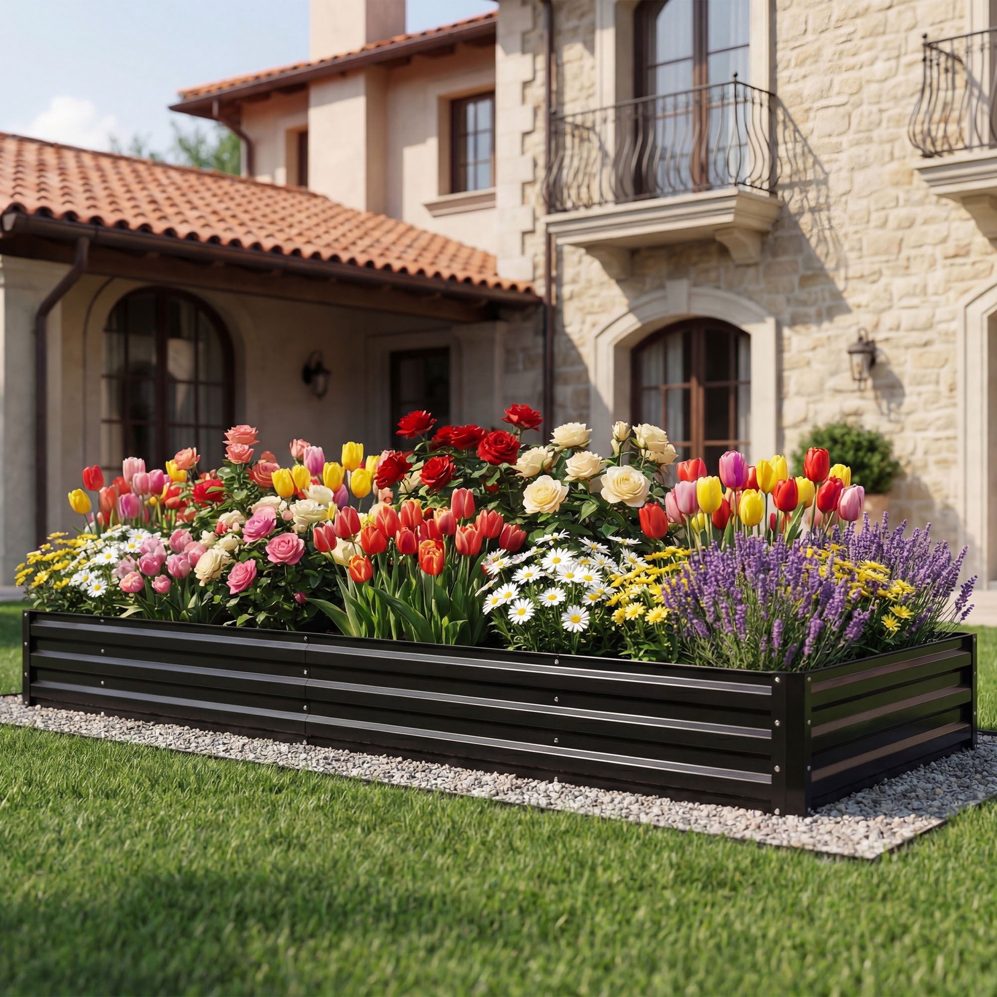 Uforic 12X4X1FT 1 Pack Galvanized Metal Raised Garden Bed Kit with Safety Rubber & Gardening Gloves, Outdoor Large Planter Box for Vegetables Flowers Herbs Fruits, Black