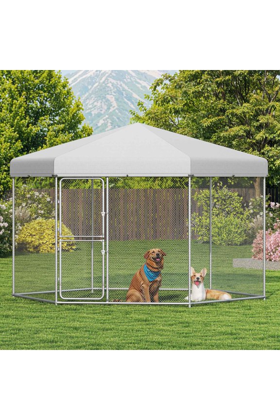 13117.6 FT Heavy Duty Outdoor Dog Kennel, Metal Dog House with UV-resistant Tarpaulin and Double-door Lock, Wire Dog Cage for Large Dogs, Silver