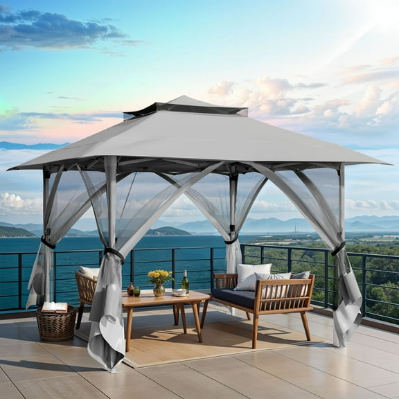 Uforic 13'x13' Pop Up Gazebo, Outdoor Double Roof Gazebo Tent with Netting Walls, Double Vented Roof Canopy, Beige