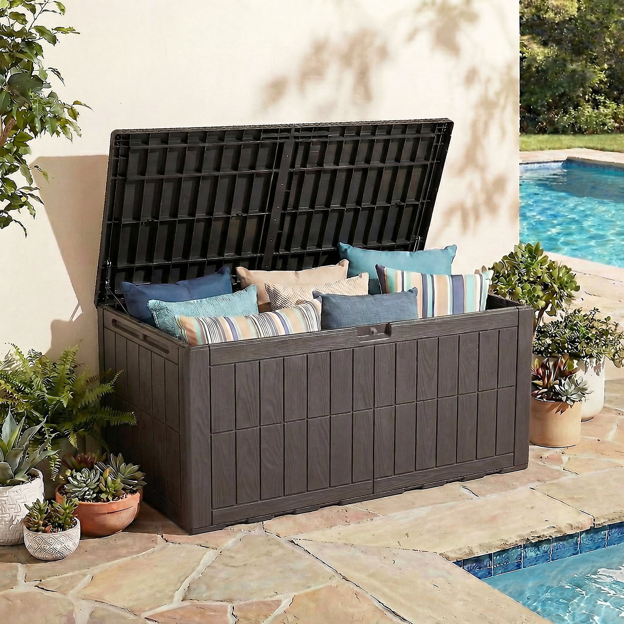 Uforic 134 Gallon Large Outdoor Deck Box, Waterproof Resin Patio Storage Box with Lockable Latch, 2-Person Bench Seat Design for Patio Cushions, Garden Tools and Pool Accessories, Dark Brown