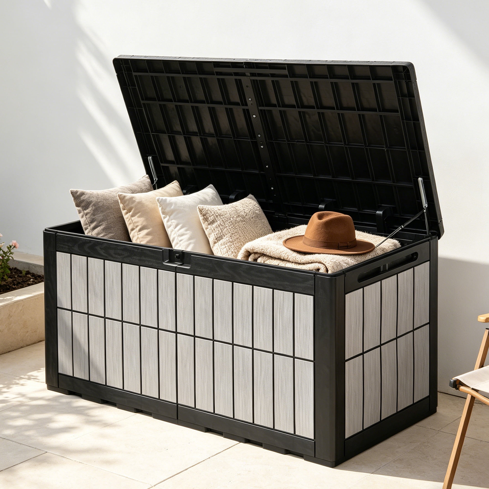 Uforic 134 Gallon Lockable Outdoor Deck Box, Waterproof Resin Storage Box with Hydraulic Support, Patio Storage Bench for Garden Pool Supplies, Black & Wood Grain Gray