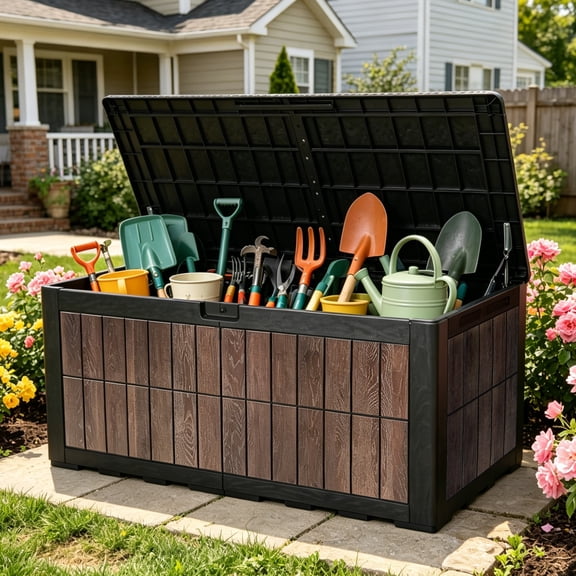 Uforic 134 Gallon Resin Deck Box, Waterproof Lockable Outdoor Storage Chest, Multifunctional Patio Storage Bench for Cushions, Garden Tools and Pool Supplies, Dark Brown & Wood-Grain Brown