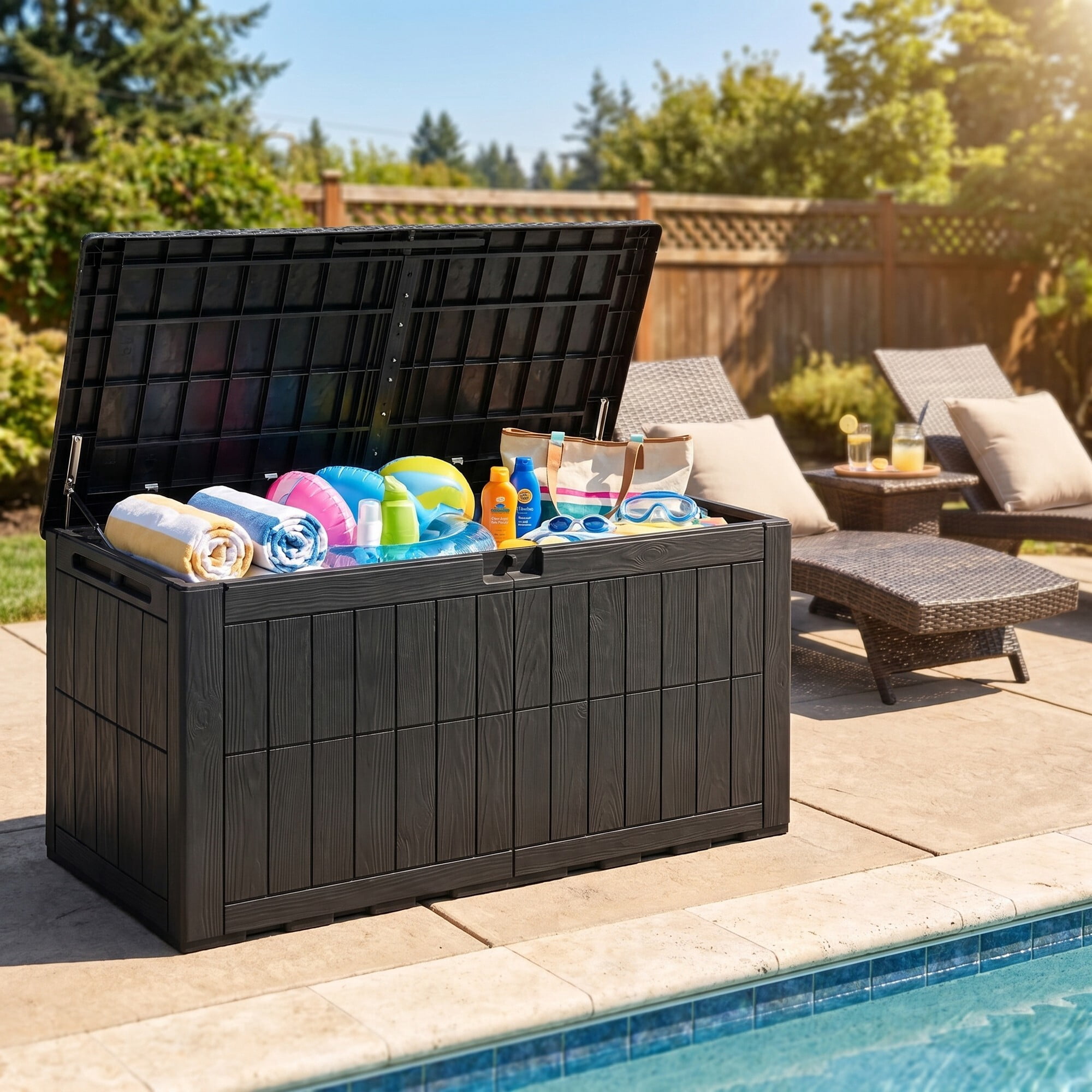 Uforic 134 Gallon Waterproof Outdoor Storage Box with Lock, Resin Deck Box with Hydraulic Support, Weatherproof Storage Bin for Patio Cushions Garden Tools Pool Supplies, Black