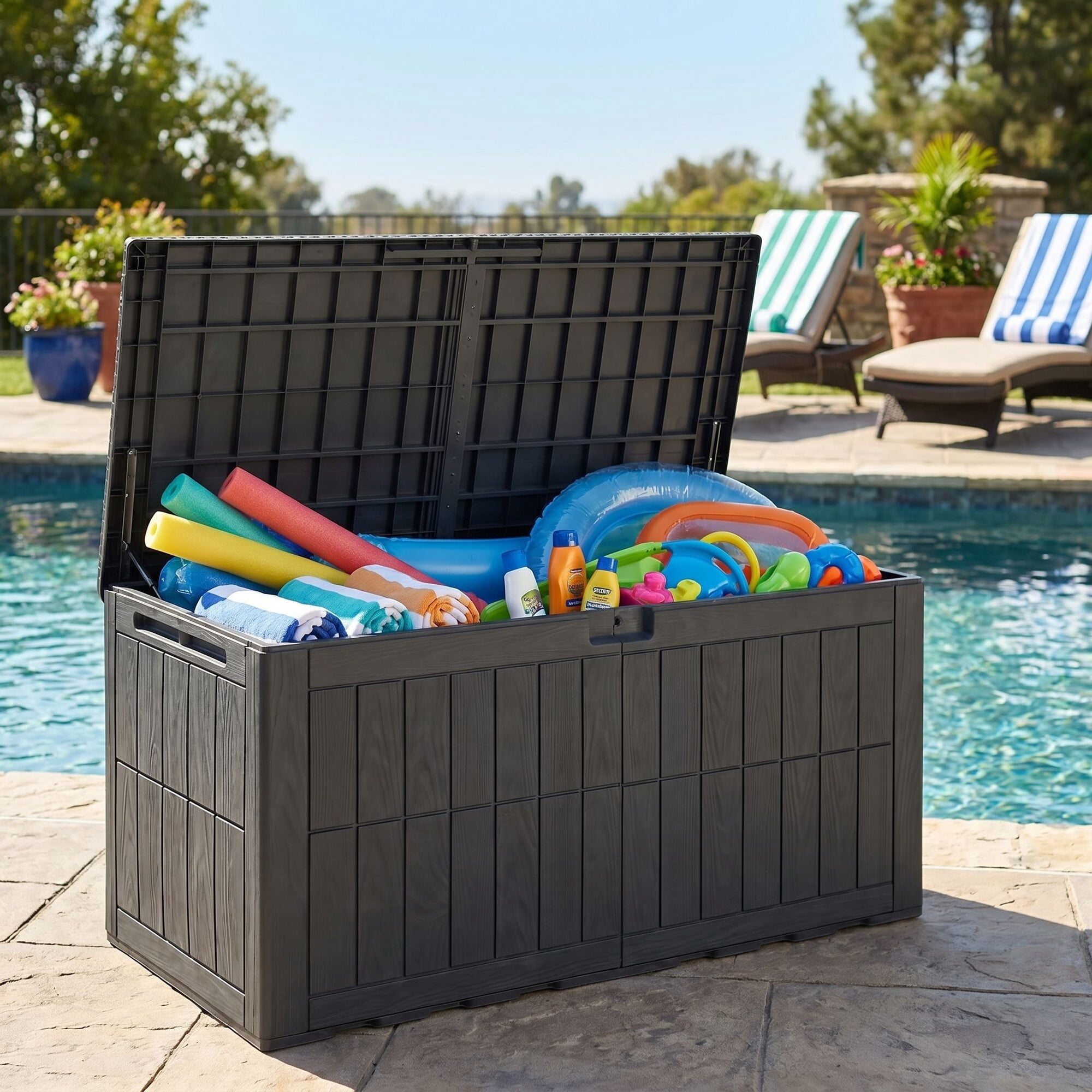 Uforic 134 Gallon Waterproof Outdoor Storage Box with Lock, Resin Deck Box with Hydraulic Support, Weatherproof Storage Bin for Patio Cushions Garden Tools Pool Supplies, Dark Gray