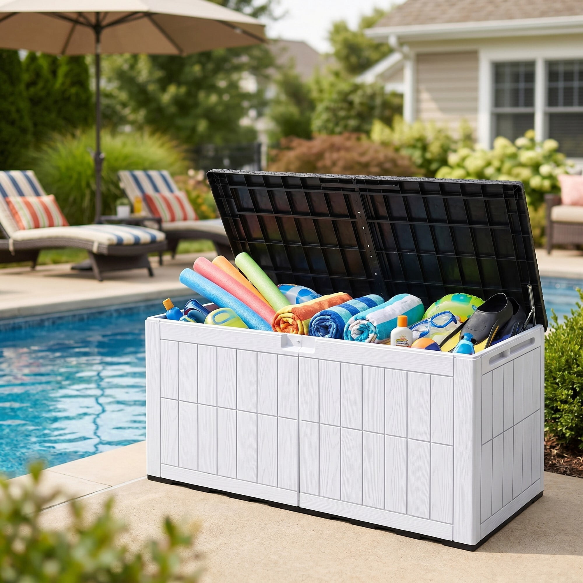 Uforic 134 Gallon Waterproof Outdoor Storage Box with Lock, Resin Deck Box with Hydraulic Support, Weatherproof Storage Bin for Patio Cushions Garden Tools Pool Supplies, Black & Grayish White