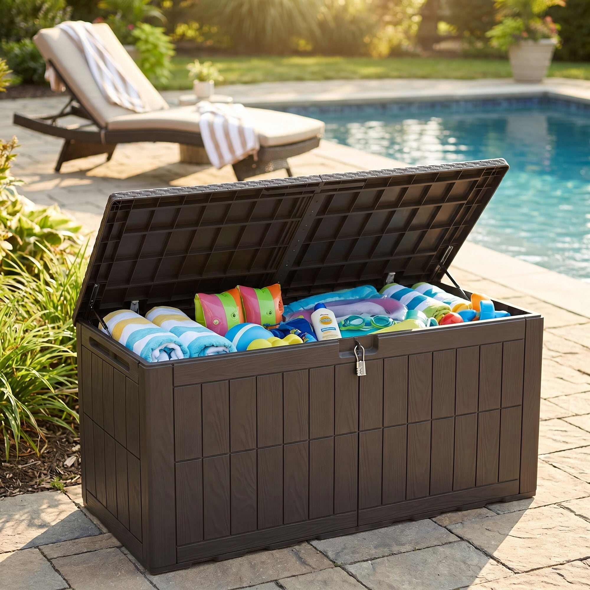 Uforic 134 Gallon Waterproof Outdoor Storage Box with Lock, Resin Deck Box with Hydraulic Support, Weatherproof Storage Bin for Patio Cushions Garden Tools Pool Supplies, Dark Brown