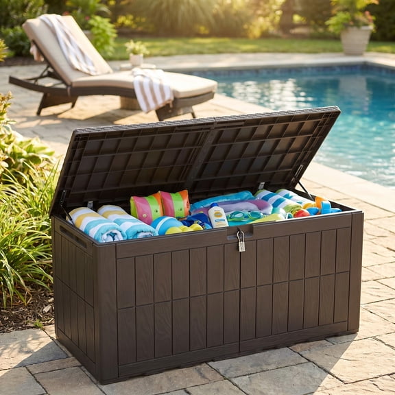 Uforic 134 Gallon Waterproof Outdoor Storage Box with Lock, Resin Deck Box with Hydraulic Support, Weatherproof Storage Bin for Patio Cushions Garden Tools Pool Supplies, Dark Brown