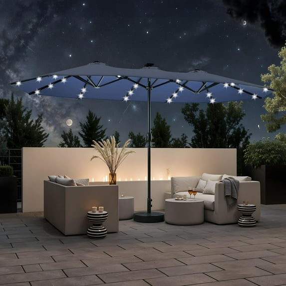 Uforic 13FT Outdoor Double-Sided Patio Umbrellas with 36 LED Lights, Portable Shade Market Table Umbrella, Solar Lights & 12 Sturdy Ribs & Tilt Adjustment, Navy Blue