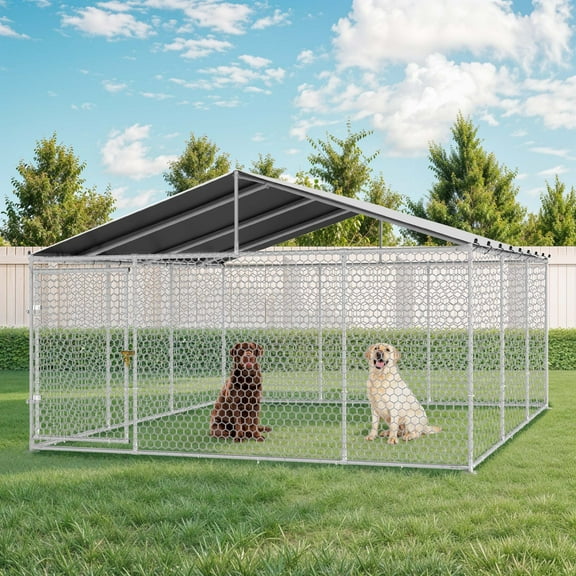 Uforic 14.8'x14.8'Large Outdoor Dog Kennel with Metal Dog Gate, Outdoor Dog Enclosure with Roof, Heavy Duty Dog Kennel for Backyard Farm