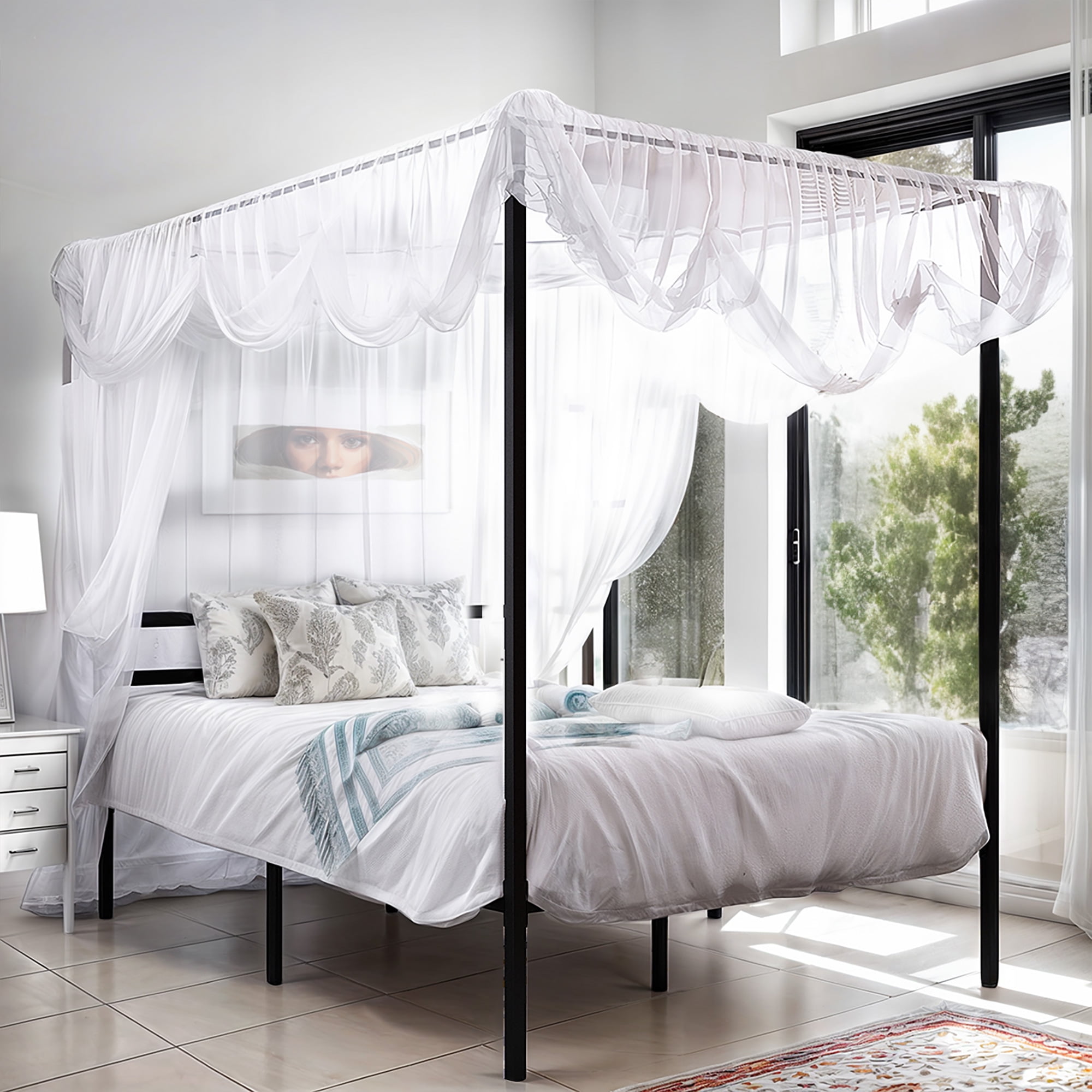 Full size White Metal Canopy Bed Frame with Heavy Duty Steel Slats main image 1