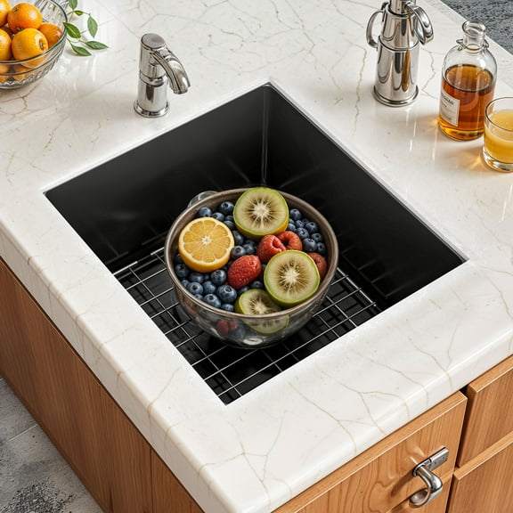 Uforic 15 x 17 inch Drop-In Kitchen Bar Sink 16 Gauge Stainless Steel, Nano Gunmetal Small Single Bowl Sink with Grid for Workstation, RV, Prep Kitchen