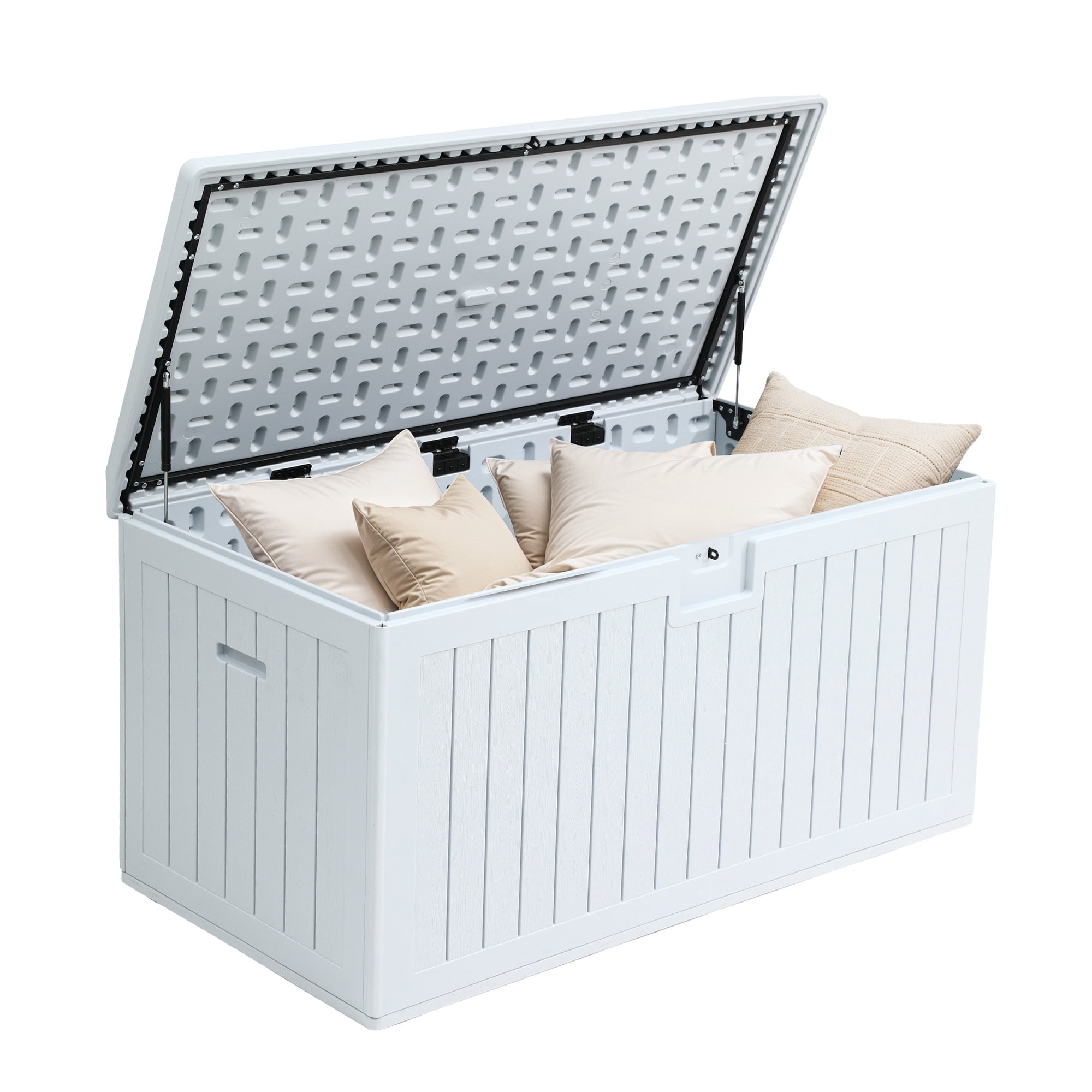 Uforic 150 Gallon Double-Wall Outdoor Deck Box, Large Water Resistant Lockable Storage Box with Side Handles for Patio Cushions & Pool Accessories, White