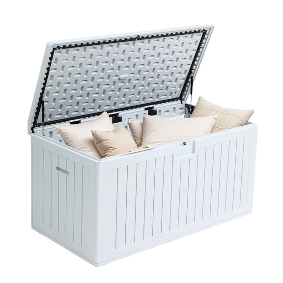 Uforic 150 Gallon Double-Wall Outdoor Deck Box, Large Water Resistant Lockable Storage Box with Side Handles for Patio Cushions & Pool Accessories, White