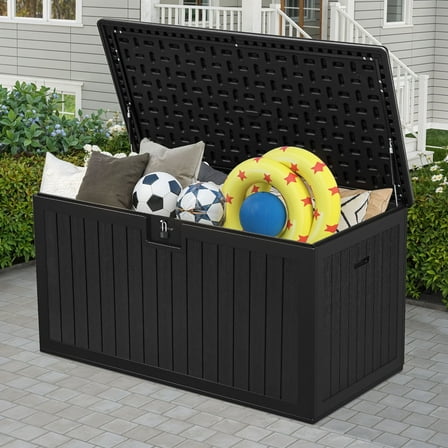 Uforic 150 Gallon Large Outdoor Deck Box, Double-Wall Resin Storage Box with Side Handles, Waterproof & Lockable,Black