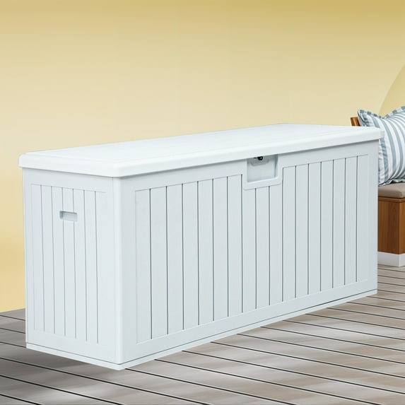 Uforic 150 Gallon Large Outdoor Deck Box, Double-Wall Resin Storage Box with Side Handles, Waterproof & Lockable,White