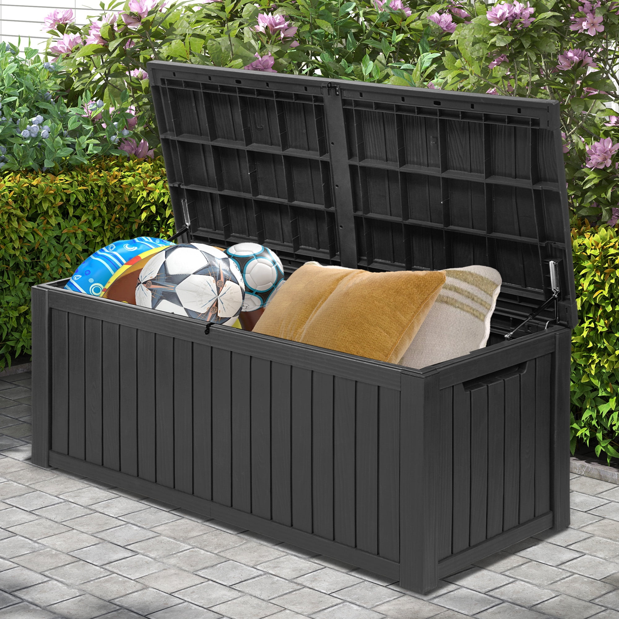 Uforic 150 Gallon Large Outdoor Deck Box, Waterproof Resin Storage with Divider, Lockable, for Patio Cushions Garden Tools Pool Supplies, Dark Black