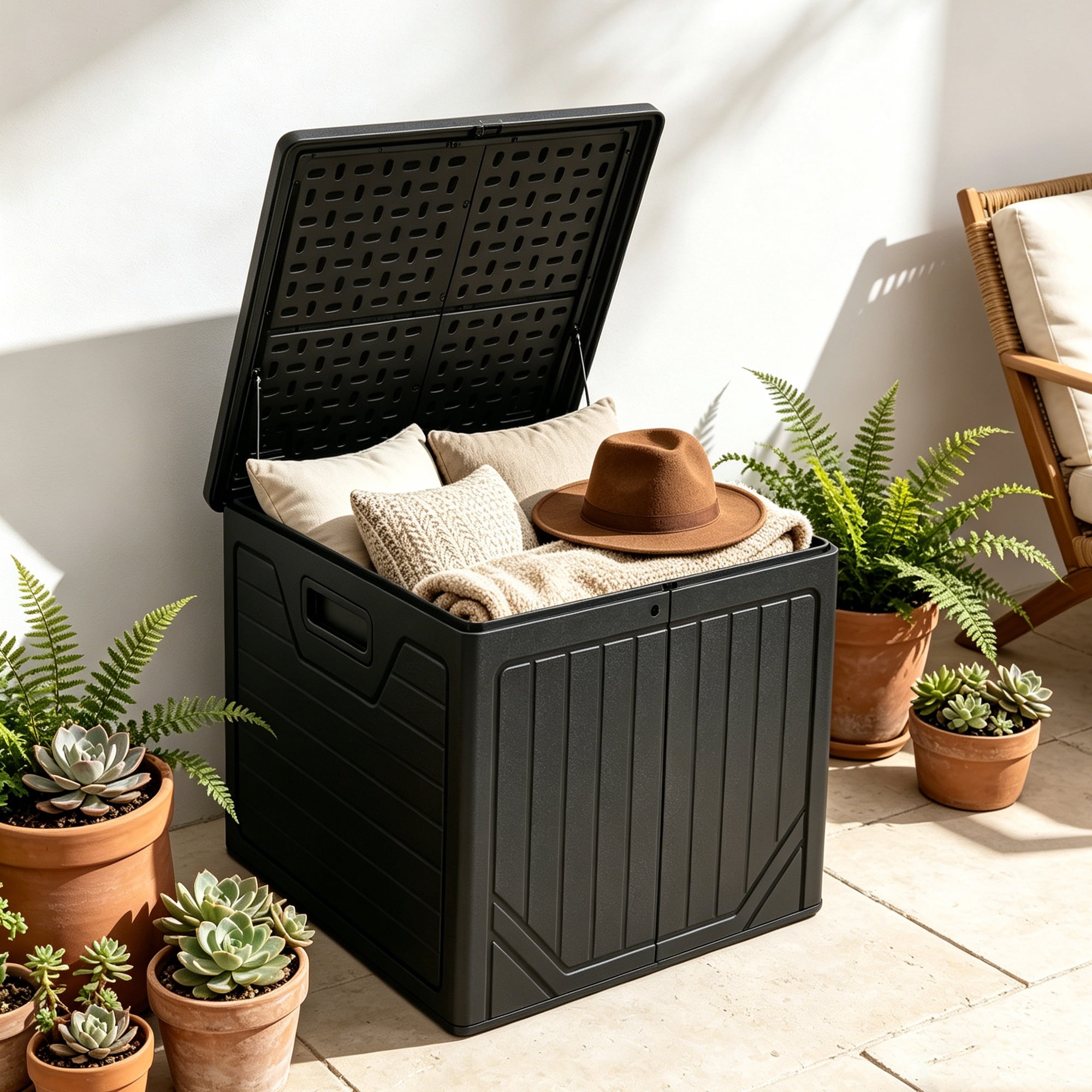 Uforic 150 Gallon Outdoor Resin Deck Box, Lockable Waterproof Patio Storage Bin for Garden Tools, Pool Supplies and Outdoor Furniture Cushions, Black
