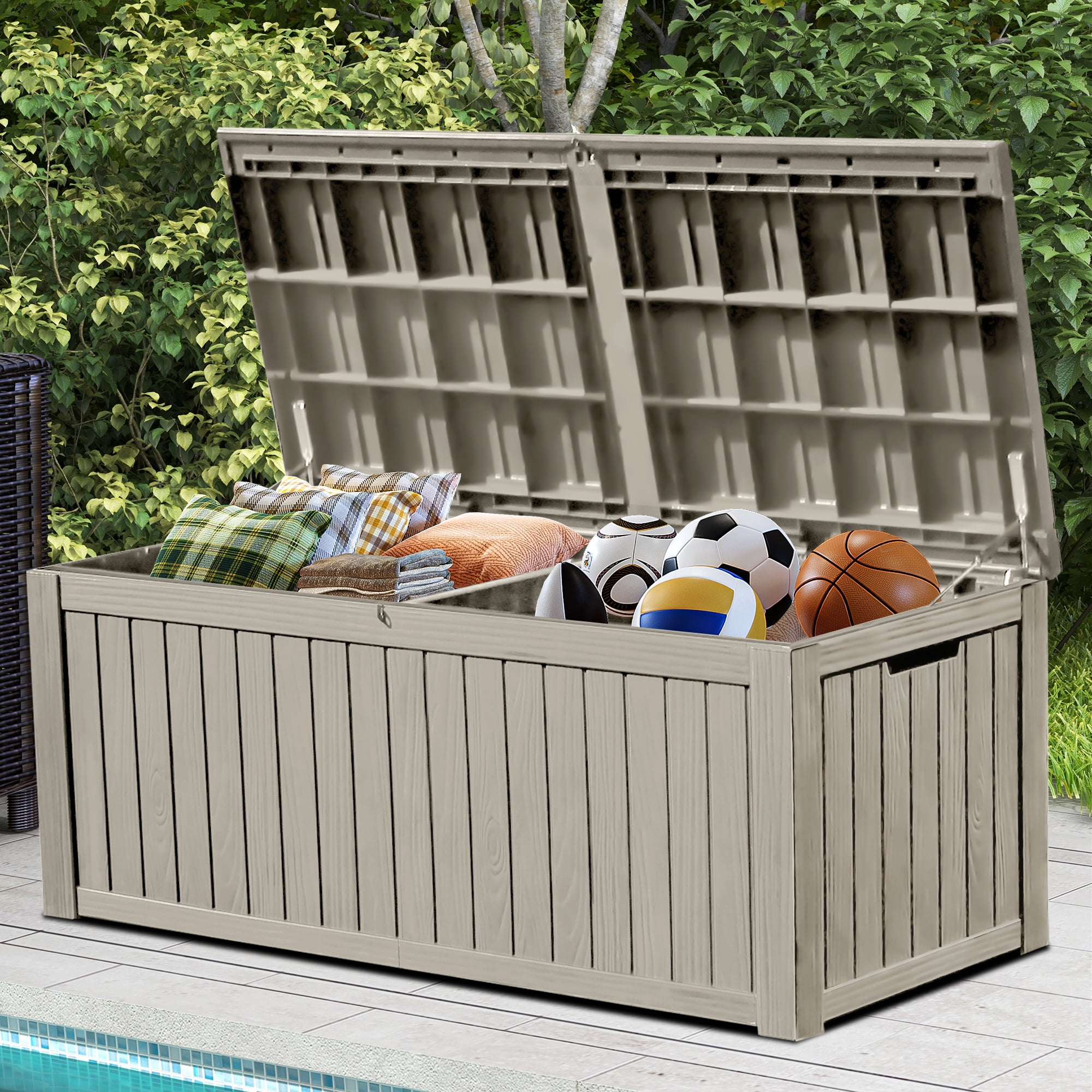 Uforic 150 Gallon Resin Deck Box,Outdoor Garden Storage Box with Built-in Divider, Waterproof and Lockable,Brown