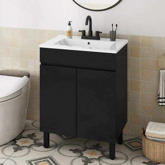 Uforic 16" Bathroom Vanity with Sink, Modern Free Standing Bathroom Storage Cabinet, Black