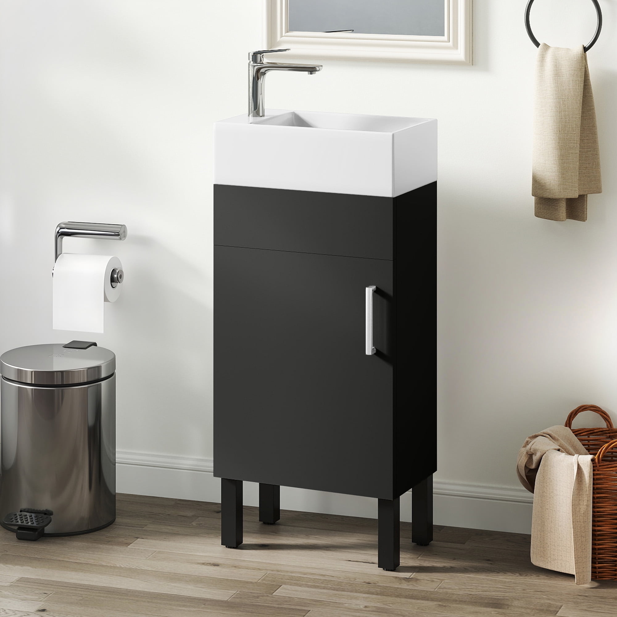 Uforic 16" Bathroom Vanity with Top Sink, Modern Free Standing Small Bathroom Storage Cabinet with Soft Close Door, Black