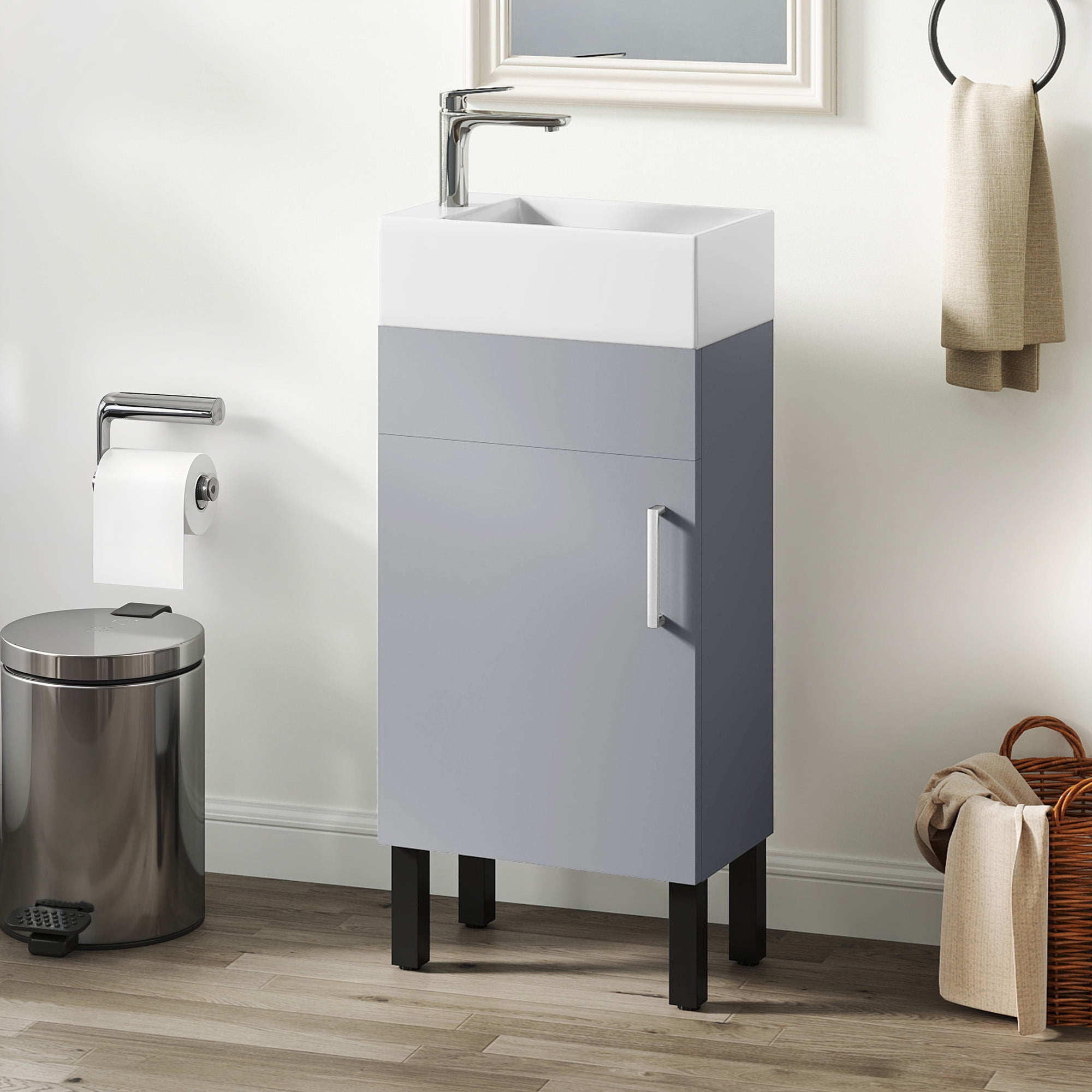 Uforic 16" Bathroom Vanity with Top Sink, Modern Free Standing Small Bathroom Storage Cabinet with Soft Close Door, Gray