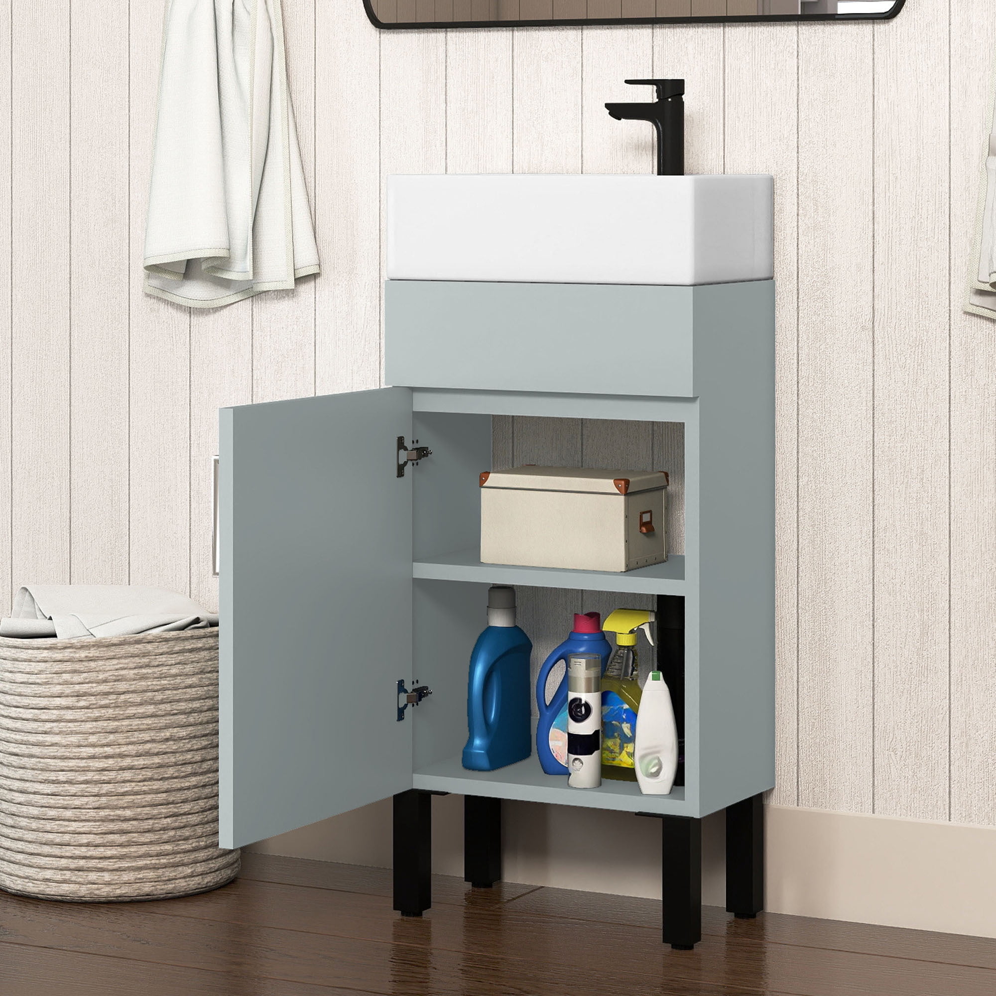 Uforic 16" Modern Free Standing Bathroom Vanity with Undermount Sink, Soft Close Door & Storage Cabinet, Gray