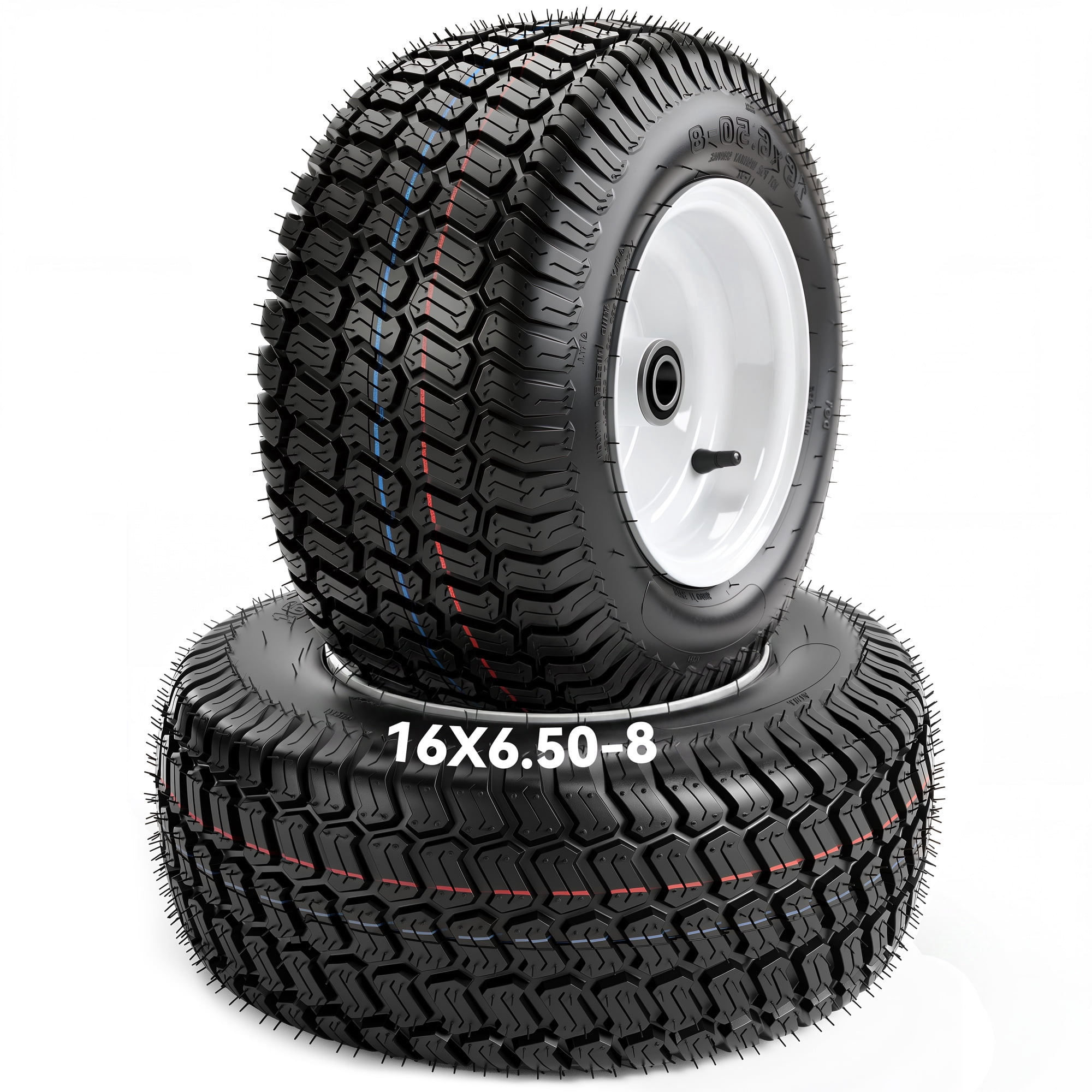 Uforic 16x6.50-8 Flat-Free Lawn Mower Tire and Wheel Assembly, 4-Ply Tubeless Front Replacement Tire, 3 in Centered Hub, 3/4 in Bushings, 620 lb Capacity, 2-Pack
