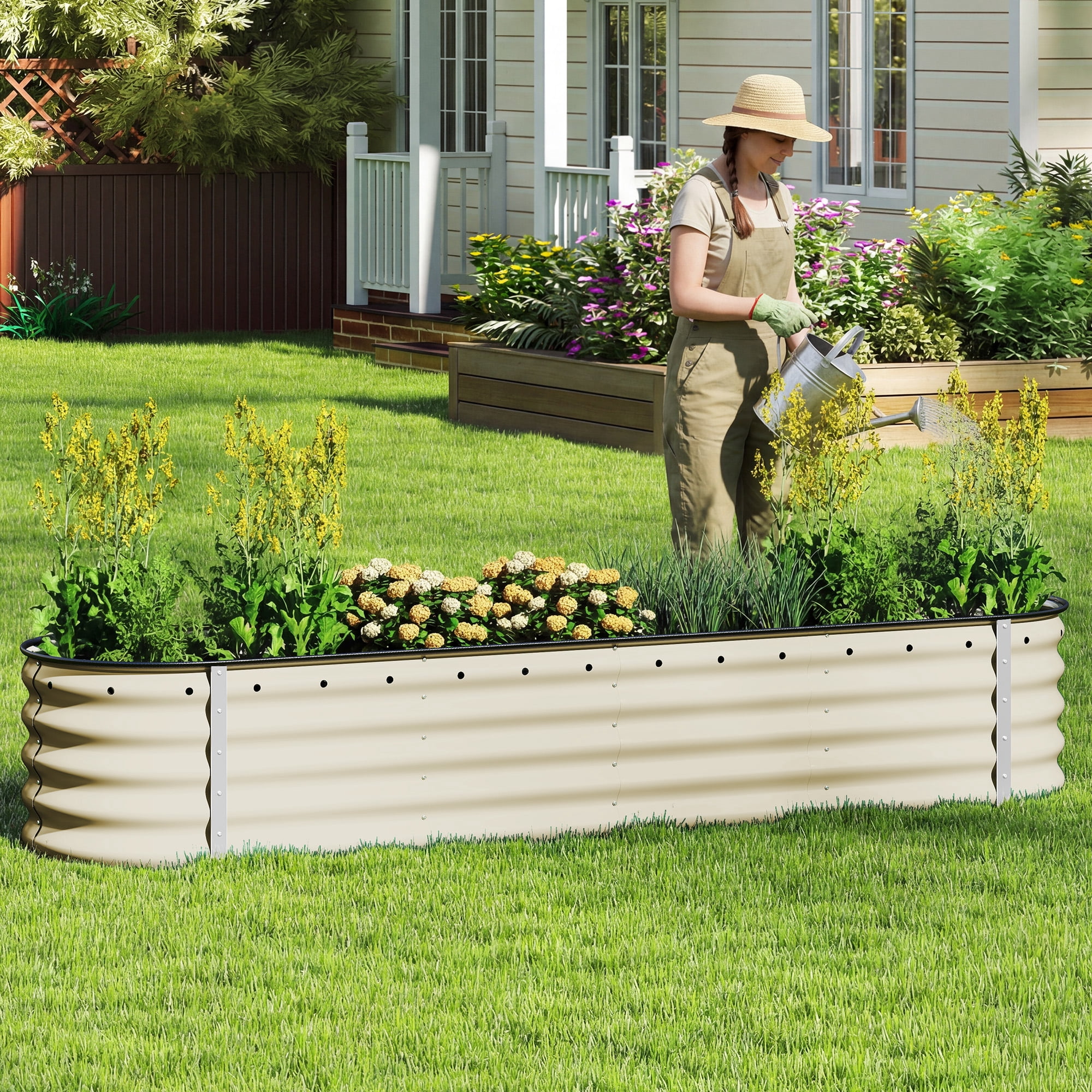 Uforic 17" Tall 9 in 1 Outdoor Raised Garden Bed Kits,8ft x 2ft Large Galvanized Metal Patio Planter Box with Safety Rubber & Gloves, for Vegetables Flowers,White