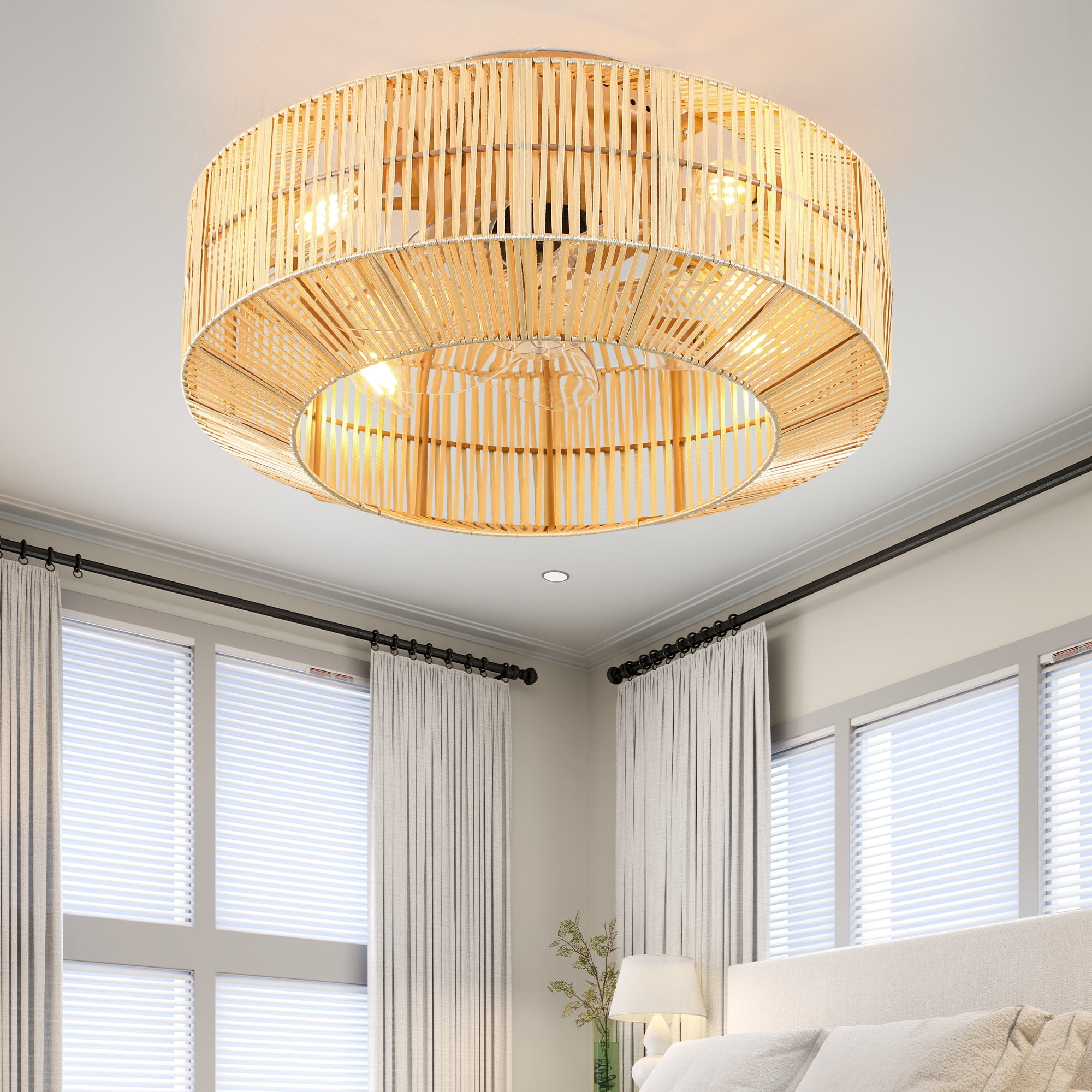 Uforic 18" Caged Ceiling Fan with Lights, Flush Mount, 6-Speed Reversible, Remote Control, Rustic Yellow Finish for Bedroom, Kitchen, Living Room