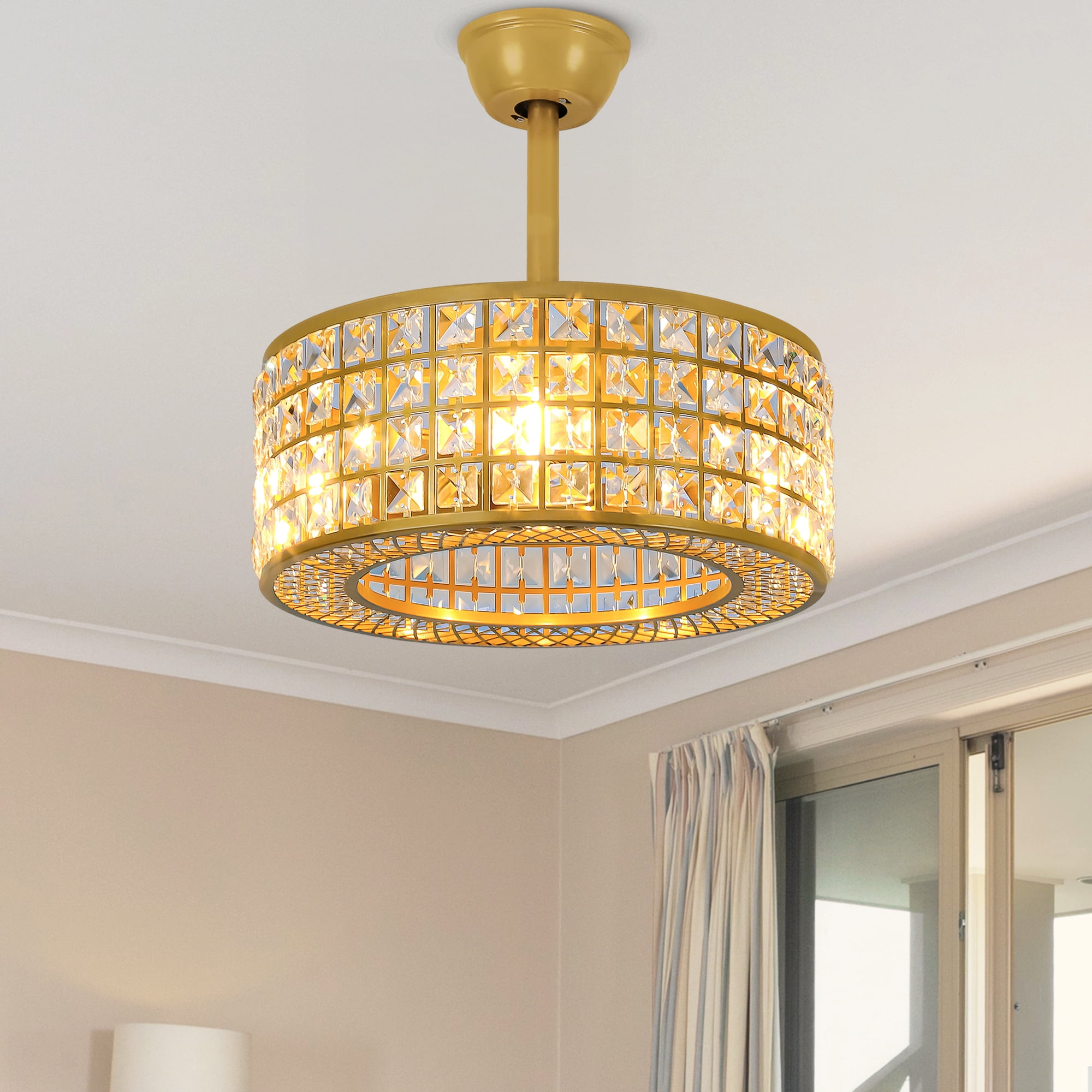 Uforic 18 inch Gold Modern Crystal Cage Ceiling Fan with Remote and Lights