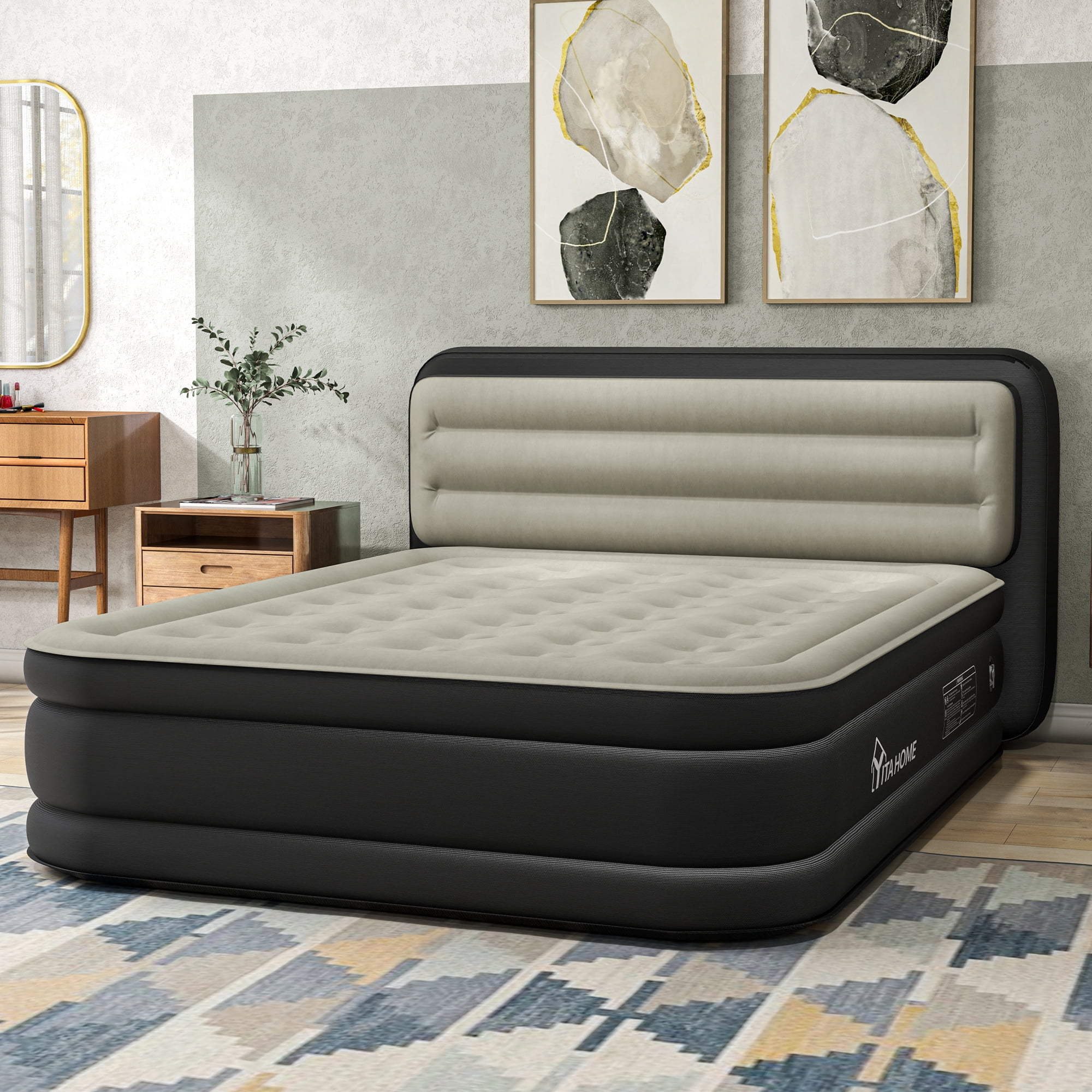 Uforic 18" Queen Air Mattress with Banded Headboard, Flocked Top Inflatable Air Bed with Pump, Portable Blow Up Mattress for Home Camping Guests, Black