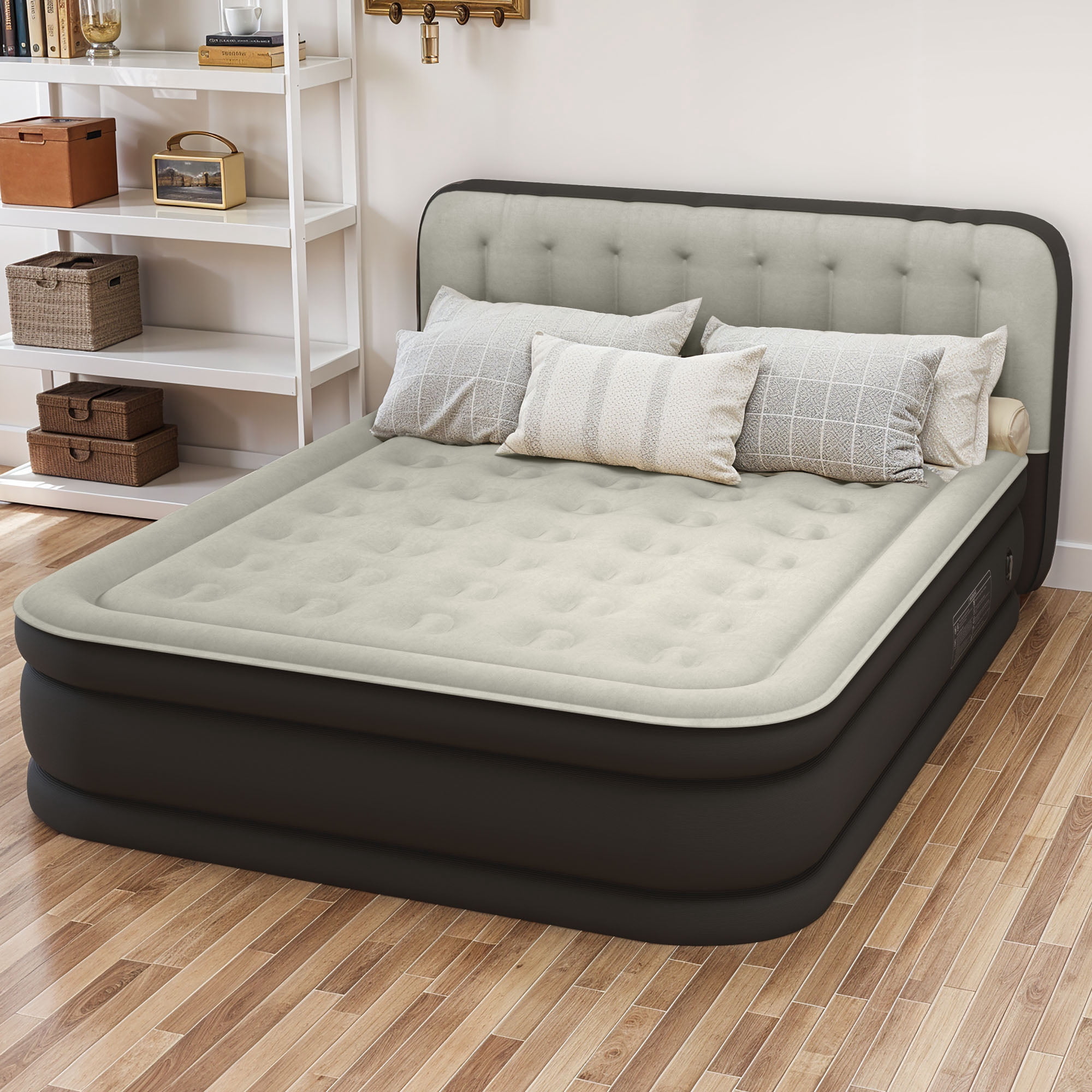 Uforic 18" Queen Air Mattress with Built-in Pump, Flocked Top Inflatable Bed with Banded Headboard for Home, Camping & Guests, Black