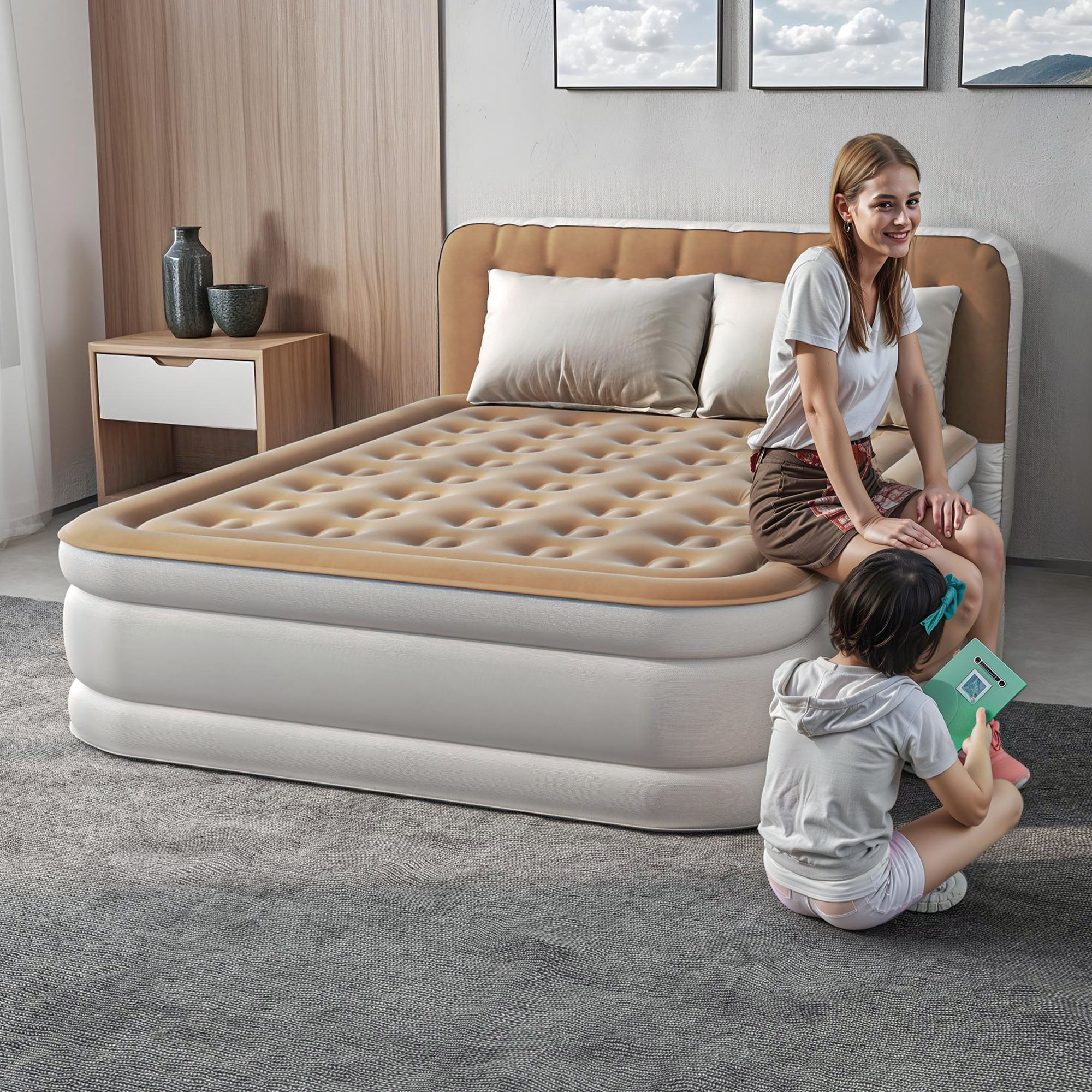 Uforic 18" Queen Air Mattress with Built-in Pump, Flocked Top Inflatable Bed with Banded Headboard for Home, Camping & Guests, Khaki