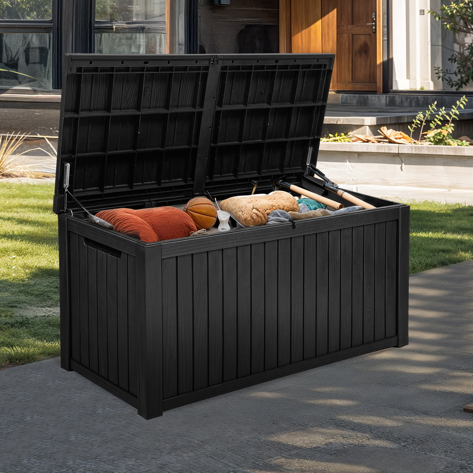 Uforic 180 Gallon Extra Large Outdoor Deck Box, Waterproof Resin Storage with Removable Divider for Patio Garden Pool Tools & Furniture, Black