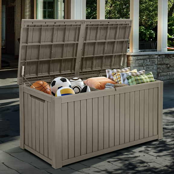 Uforic 180 Gallon Resin Deck Box,Large Outdoor Storage box with Built-in Divide for Patio, Weatherproof and Lockable,Light Brown