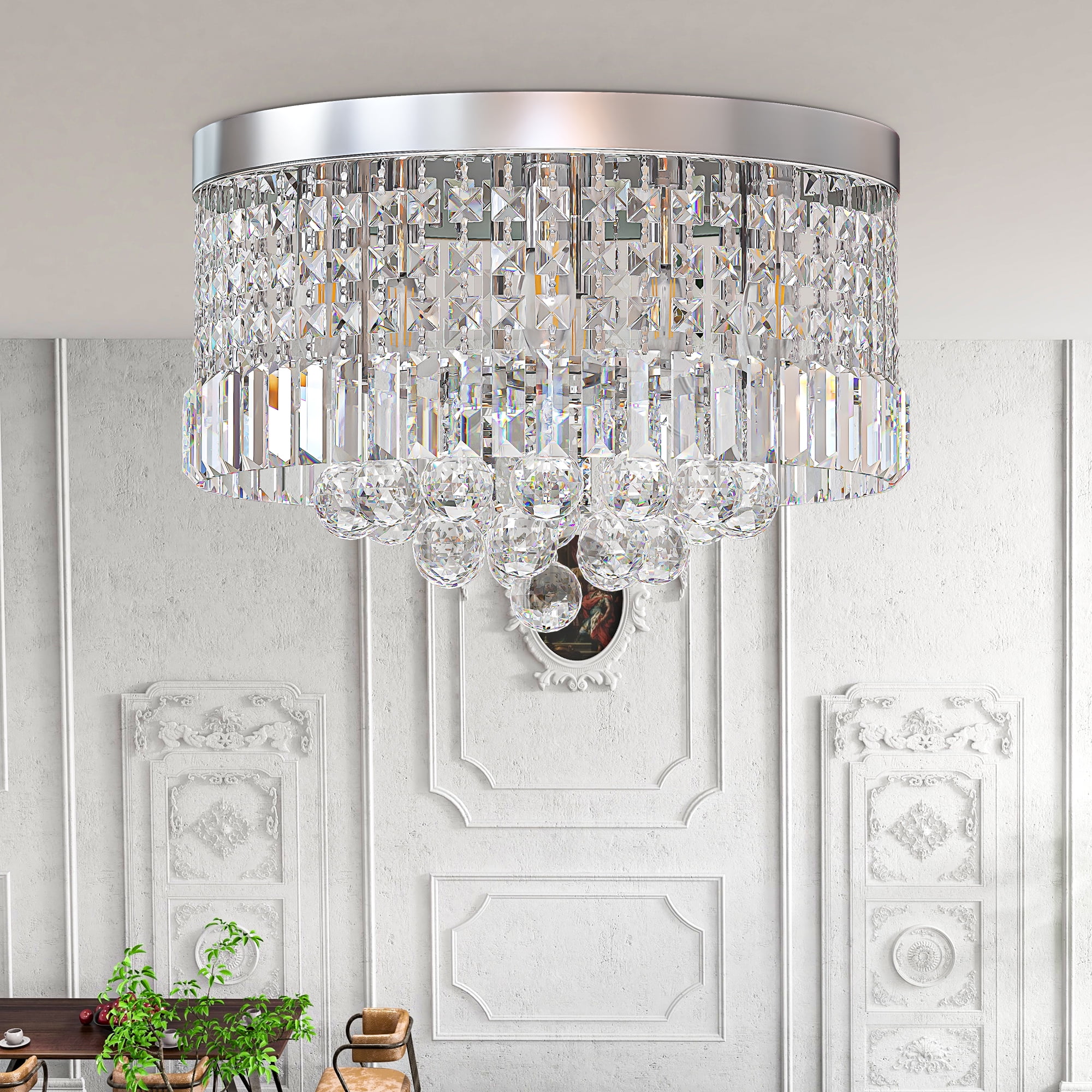 Uforic 19.6" Contemporary Crystal Chandelier, 9-Light Flush Mount K9 Crystal Chandelier, Compact & Fashionable LED Ceiling Light for Dining Room Bathroom Bedroom Living Room