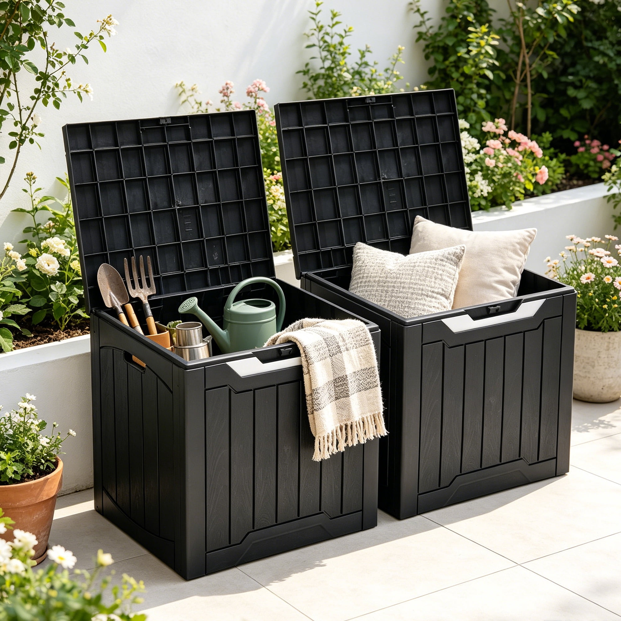 Uforic 2 Pack 31 Gallon Weatherproof Deck Boxes, Lockable Resin Outdoor Storage Bins for Patio Cushions Garden Tools, Black