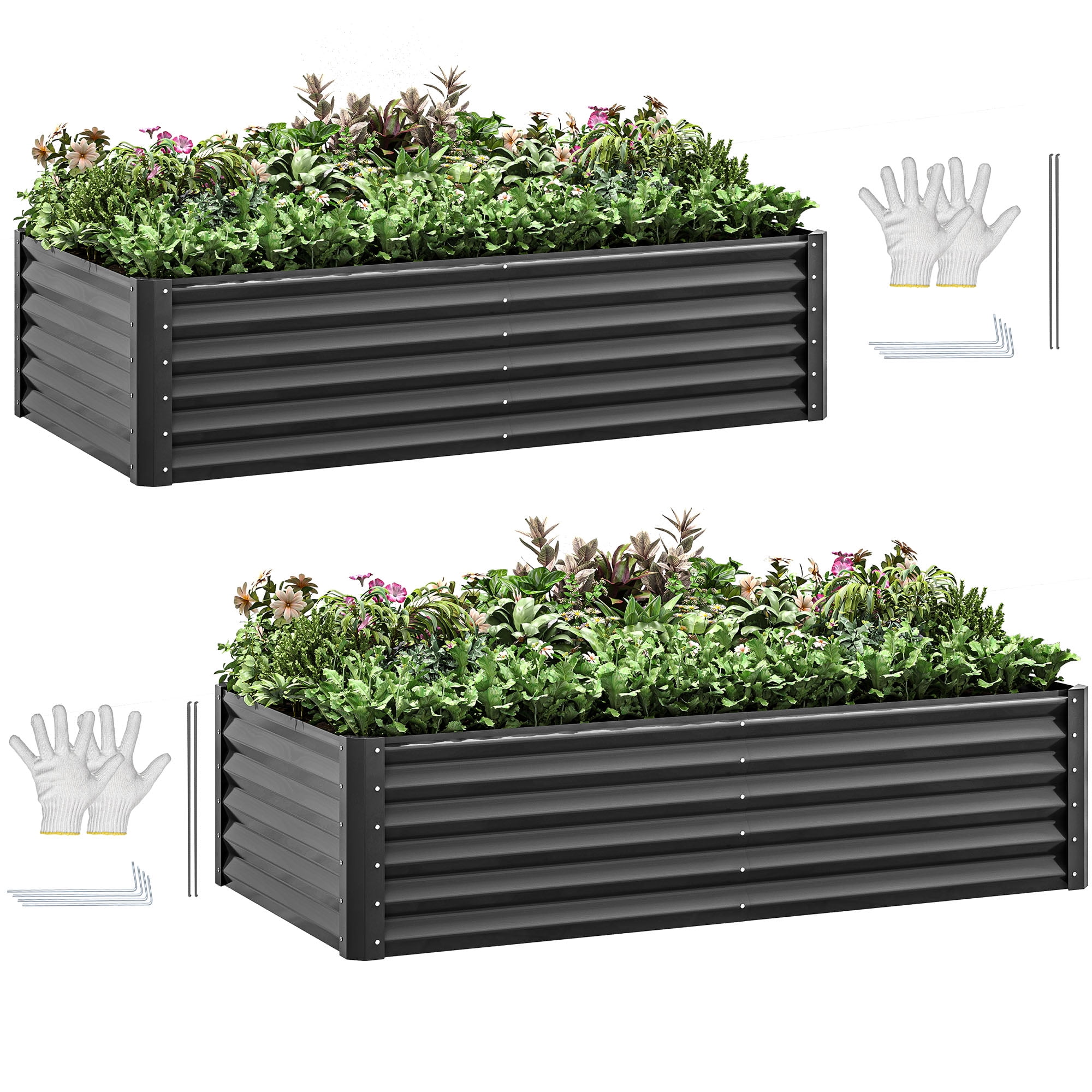 Uforic 2-Pack 6ftx3ftx1ft Large Raised Garden Bed Kit,Outdoor Galvanized Metal Patio Planter Box with Safety Rubber & Gloves,,Black