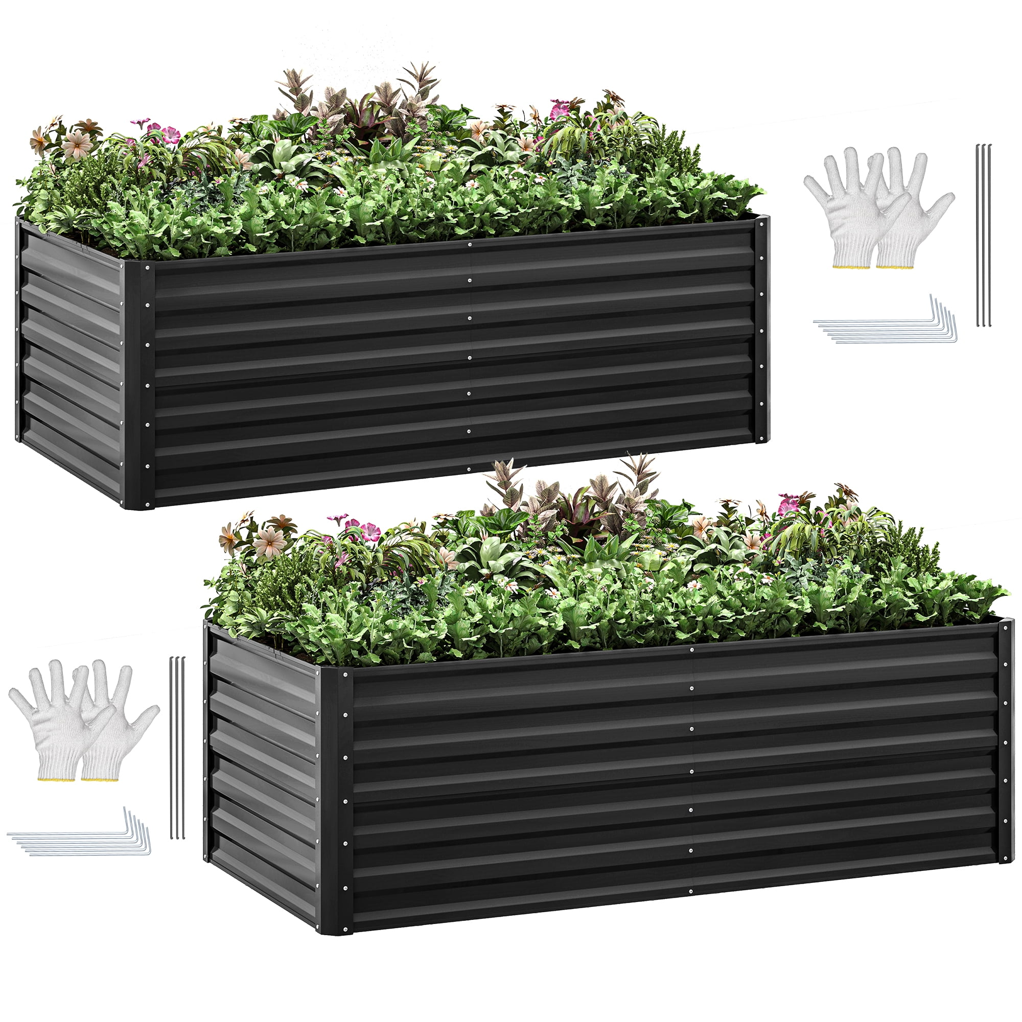 Uforic 2-Pack 8x4x1ft Large Raised Garden Bed Kit,Outdoor Galvanized Metal Patio Planter Box with Safety Rubber & Gloves, for Vegetables Flowers,Black