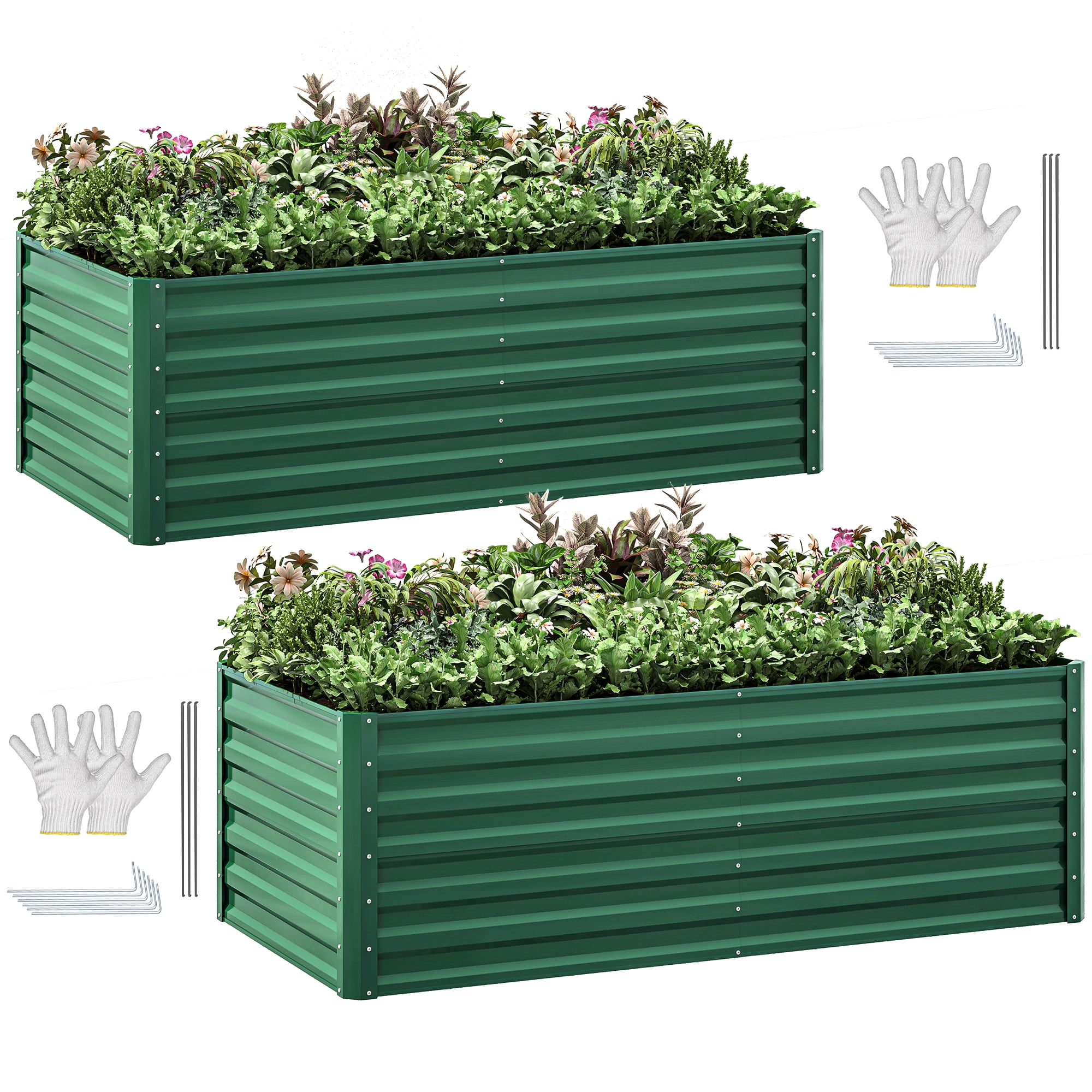 Uforic 2-Pack 6ftx3ftx2ft Large Raised Garden Bed Kit,Outdoor Galvanized Metal Patio Planter Box with Safety Rubber & Gloves, for Vegetables Flowers,Green